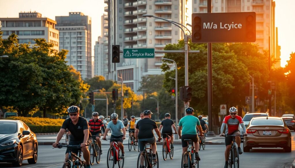 A busy urban street, bathed in warm evening light. In the foreground, a group of cyclists navigating the city traffic, their sleek bicycles reflecting the sun's glow. In the middle ground, a series of road signs and traffic signals, clearly delineating the legal regulations for cyclists. The background depicts a mix of modern architecture and lush greenery, creating a vibrant, cosmopolitan atmosphere. The overall scene conveys a sense of order, responsibility, and the integration of bicycles into the urban landscape, reflecting the current legal framework governing bicycle traffic.