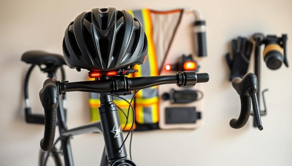 A neatly arranged still life photograph showcasing the essential equipment required for safe bicycle riding. In the foreground, a high-quality road bicycle with sleek, polished handlebars and frame. Atop the bicycle, a well-fitted safety helmet with ventilation channels and a secure chin strap. In the middle ground, a reflective safety vest, a set of front and rear bike lights, and a sturdy bike lock. In the background, a pair of durable, non-slip cycling gloves and a water bottle cage mounted on the bike's frame. The lighting is soft and natural, illuminating the scene with a warm, inviting glow. The overall composition is clean, balanced, and emphasizes the importance of proper safety gear for responsible urban cycling.