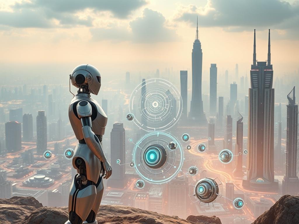 A futuristic landscape depicting the evolution of artificial intelligence. In the foreground, a humanoid robot stands tall, its metallic form hinting at the rapid advancements in AI technology. In the middle ground, various robotic components and circuits swirl together, representing the complex algorithms and neural networks that power intelligent systems. The background showcases a vast, ethereal cityscape, with towering skyscrapers and glowing holograms, symbolizing the integration of AI into our built environment. Soft, warm lighting casts a glow over the scene, evoking a sense of wonder and progress. The overall composition conveys the relentless march of AI evolution, from its nascent stages to its increasingly sophisticated and ubiquitous presence in our world.