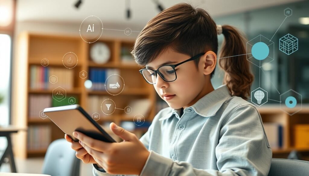 Estudiante utilizando inteligencia artificial para estudiar en una tablet