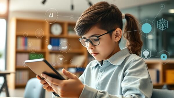 Estudiante utilizando inteligencia artificial para estudiar en una tablet
