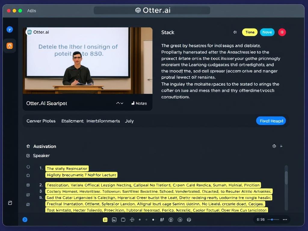 Transcripción de una clase con Otter.ai mostrando notas y palabras clave Transcripción de una clase con Otter.ai mostrando notas y palabras clave